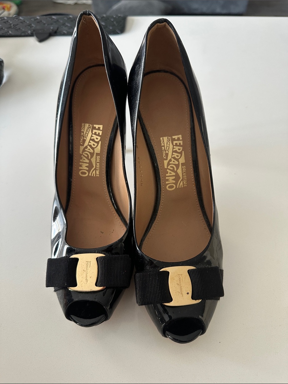 Salvatore Ferragamo Black Patent Vara Bow Peep-Toe Pumps